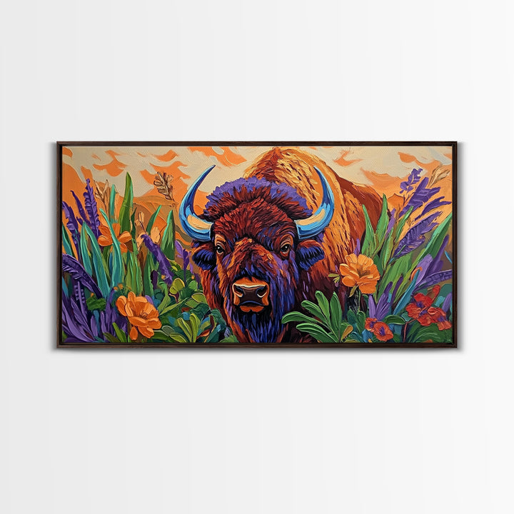 Buffalo Flowers, Bold, Canvas Print, Western bison face art, eclectic boho style, Living Room Wall Art, vibrant wildlife painting