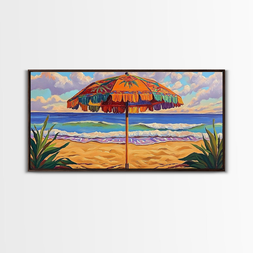Umbrella Beach, Ocean, Framed Canvas Print, Colorful Beach Umbrella Painting, Retro Coastal Wall Decor, Summer Kitchen Art