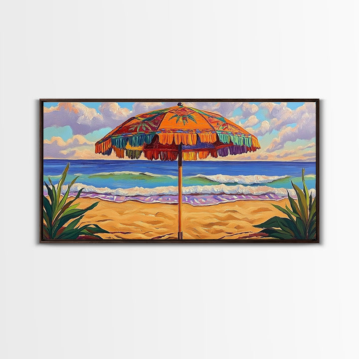 Umbrella Beach, Ocean, Framed Canvas Print, Colorful Beach Umbrella Painting, Retro Coastal Wall Decor, Summer Kitchen Art