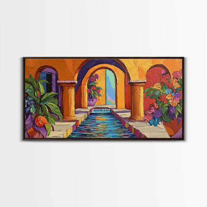 Courtyard Fountain, Colorful, Mediterranean, Framed Canvas Print, Spanish Style Art, Hallway Wall Decor, Bold Architecture Painting