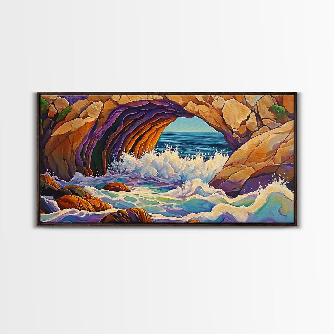 Cave Ocean, Wave, Cliff, Canvas Print, Coastal Nature Art, Bold Seaside Landscape Painting, Living Room Wall Decor, Nature Escape