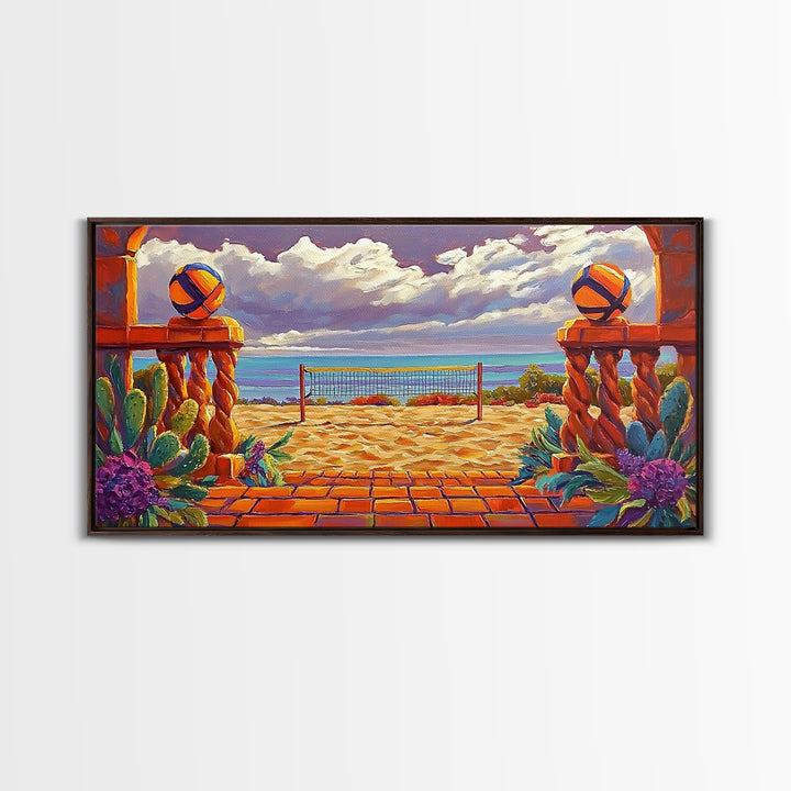 Volleyball Ocean, Sunset, Framed Canvas Print, Vibrant Beach Volleyball Scene, Sporty Coastal Wall Art, Game Room Decor