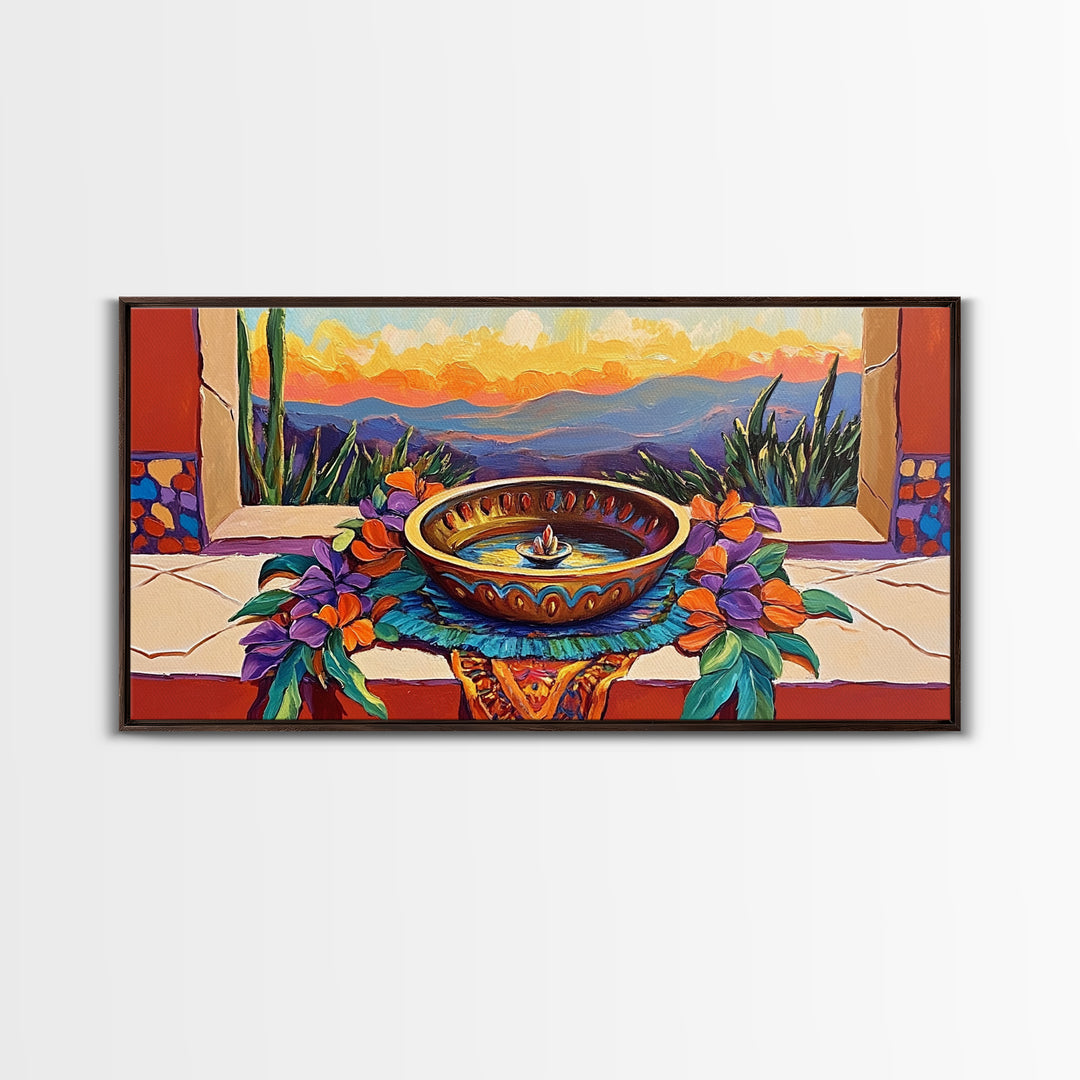 Fountain Sunset Flowers, Serenity, Framed Canvas Print, Southwestern Wall Art, Boho Vibe, Tranquil Home Decor, Kitchen or Entryway Art