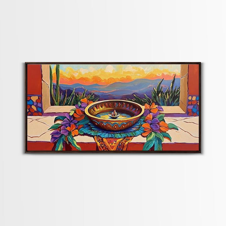Fountain Sunset Flowers, Serenity, Framed Canvas Print, Southwestern Wall Art, Boho Vibe, Tranquil Home Decor, Kitchen or Entryway Art