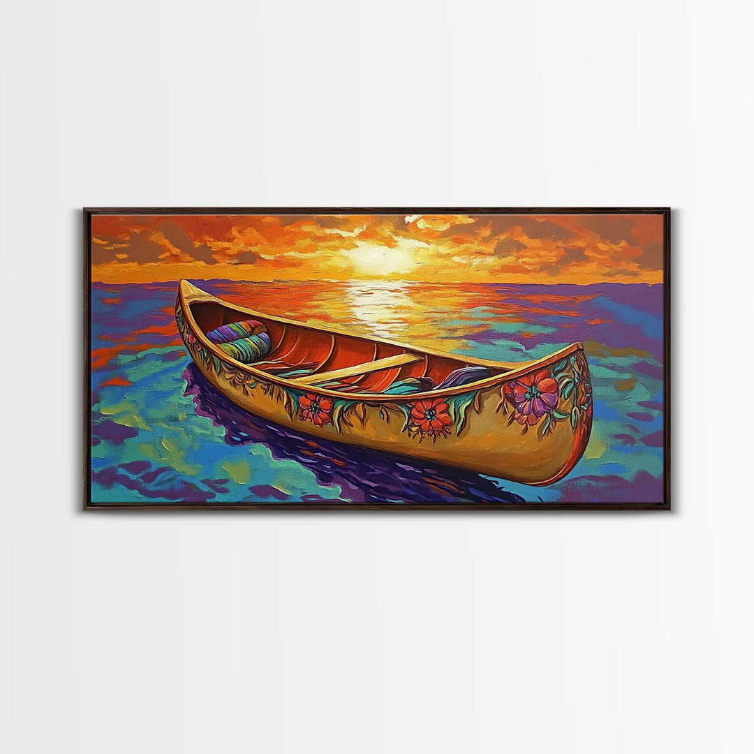 Canoe Sunset, Ocean, Solitude, Framed Canvas Print, Tranquil Beach Wall Art, Summer Decor, Nautical Painting, Living Room Accent