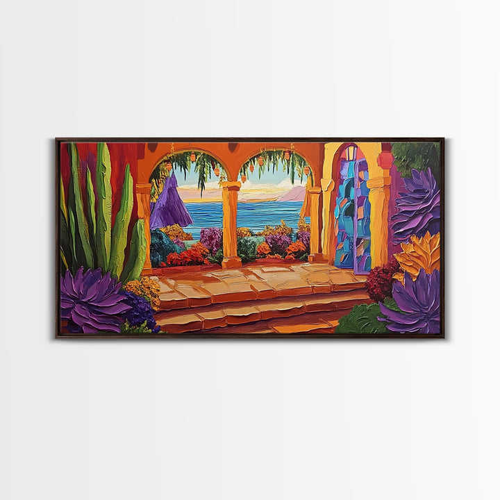 Patio Ocean, Paradise, View, Canvas Print tropical patio view art, living room coastal decor, sunset painting, Mediterranean vibes