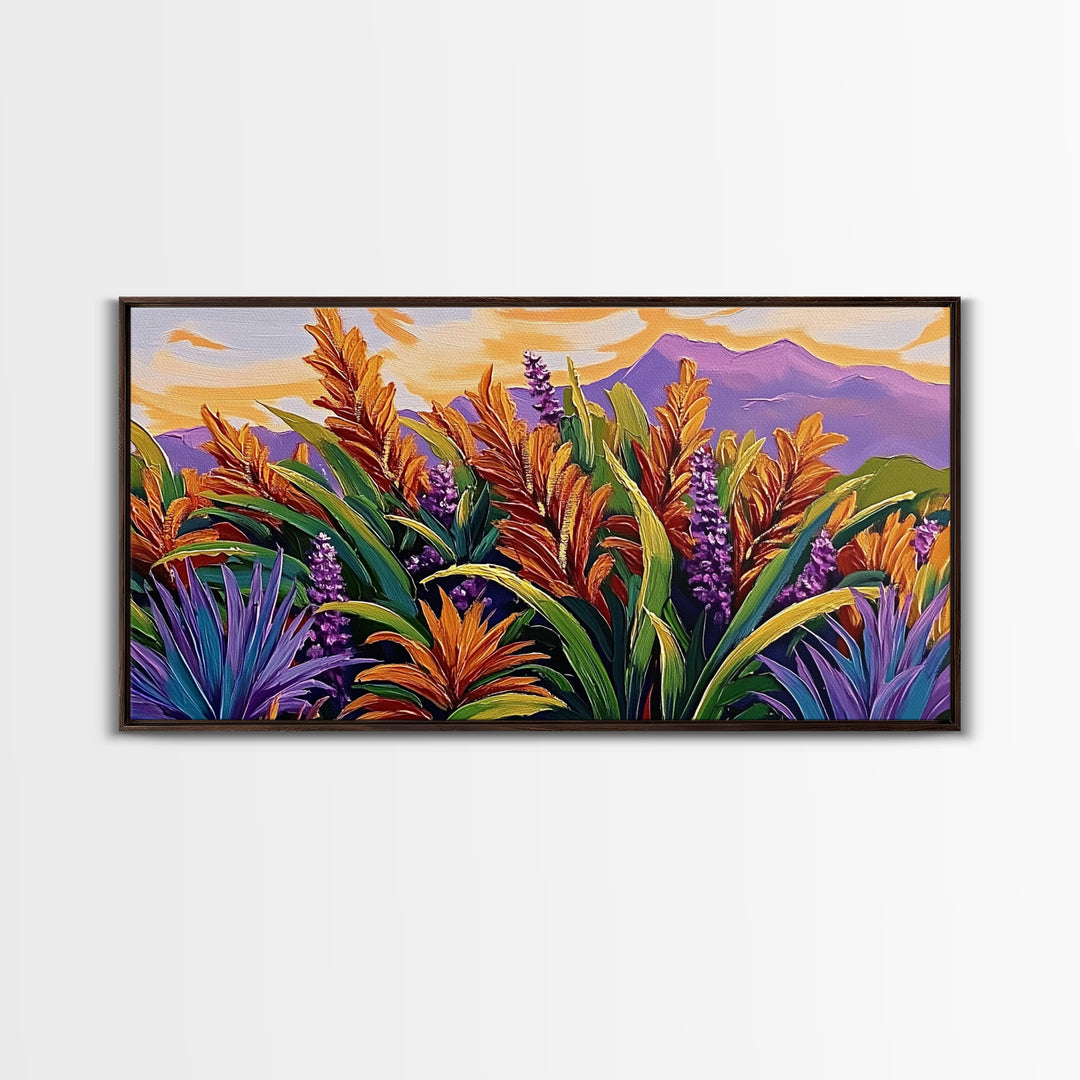 Botanical Sunset, Mountain, Framed Canvas Print, Vibrant Flower Field Painting, Nature Boho Wall Art, Sunset Hallway Decor