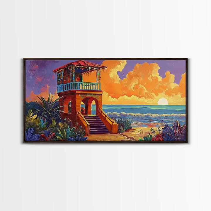 Beach Sunset, Tower, Tropical, Canvas Print, Coastal sunset art, boho beach house decor, vibrant tropical wall art, living room art