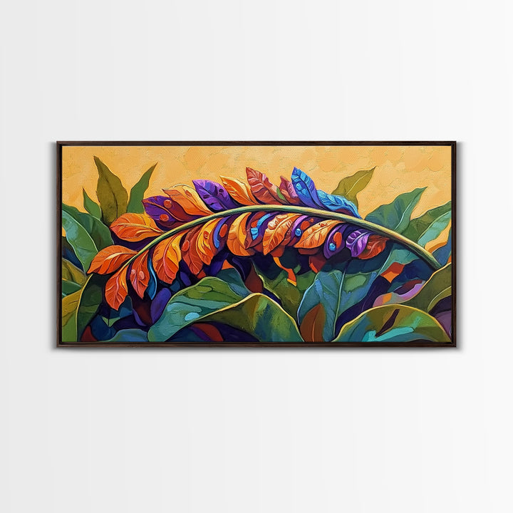 Tropical Leaves, Bright, Fall, Framed Canvas Print, botanical fall wall art, colorful boho tropical leaves painting, kitchen home decor