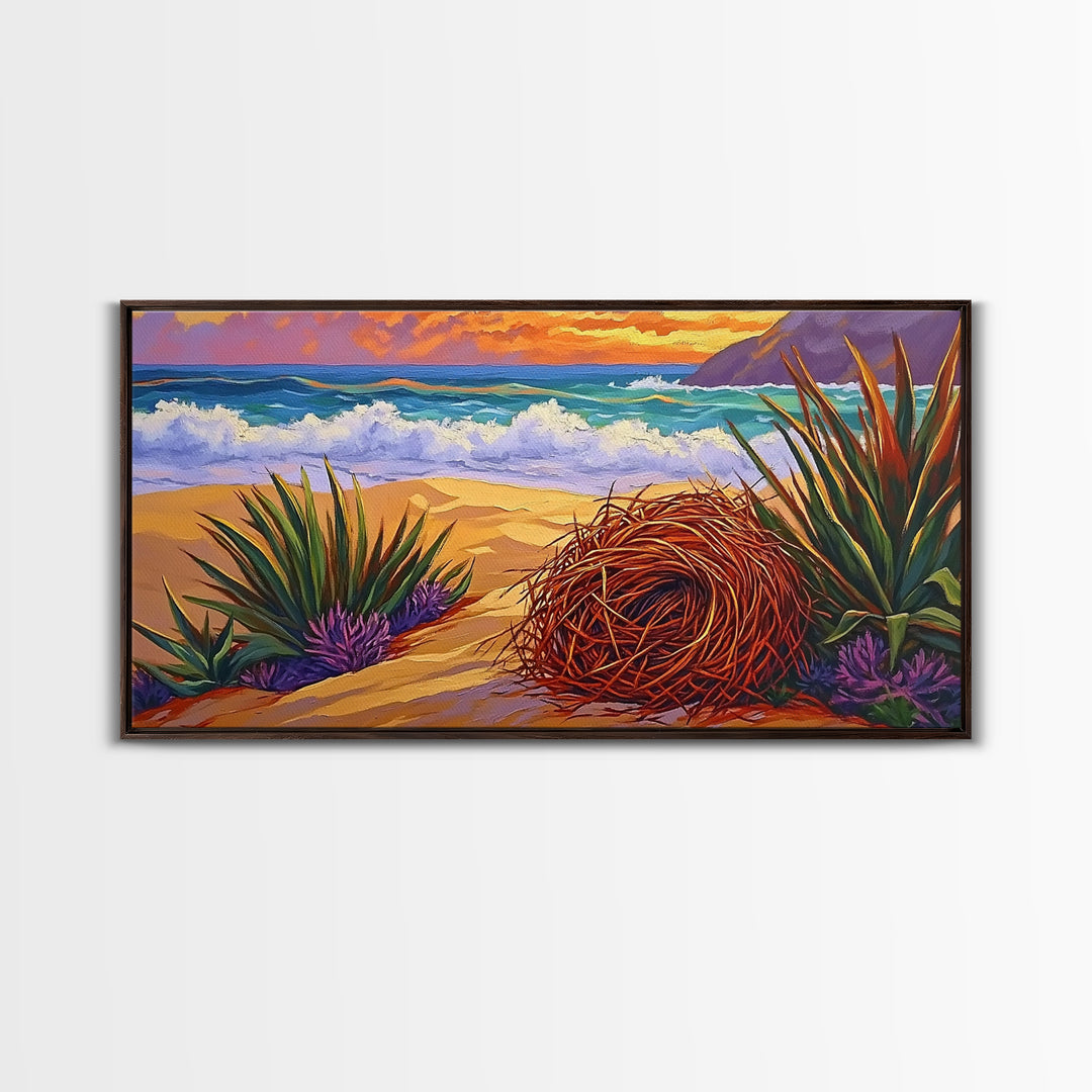 Nest Ocean, Beach, Nature, Framed Canvas Print, Desert beach art, boho coastal nature scene, calming fall tones, living room wall decor