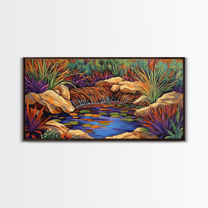Desert Waterfall, Vibrant, Nature, Framed Canvas Print, desert oasis waterfall, Living Room Wall Art, colorful landscape painting