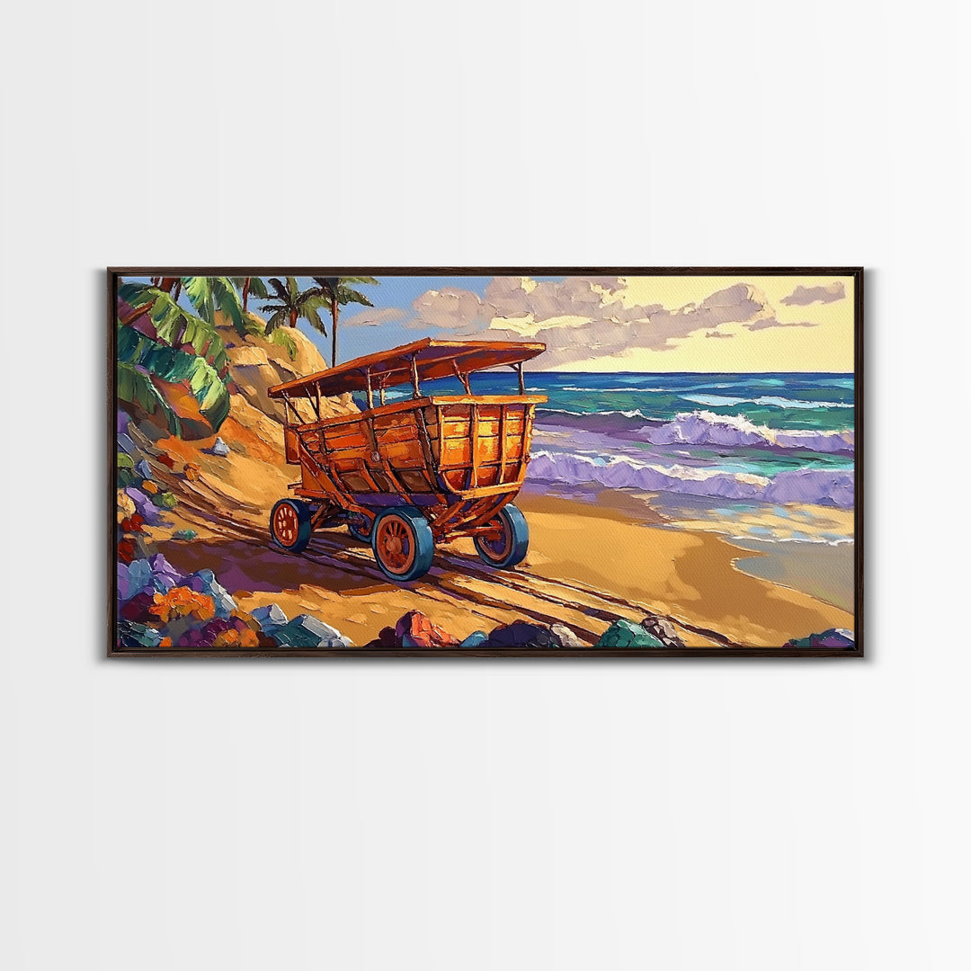 Coastal Cart, Tropical Beach, Ocean Shoreline, Framed Canvas Print, Rustic Wall Art, Coastal Living Room Decor, Summer Vibes Painting