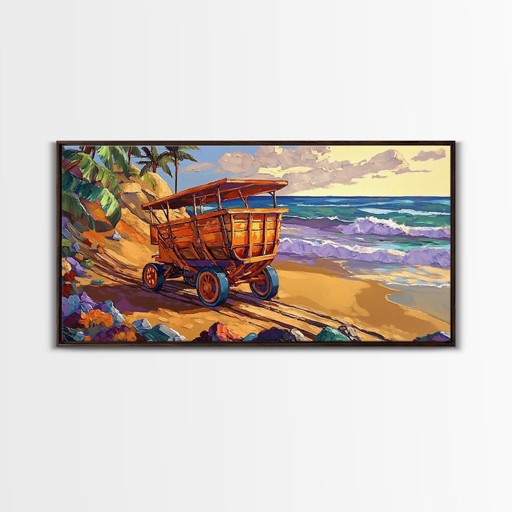 Coastal Cart, Tropical Beach, Ocean Shoreline, Framed Canvas Print, Rustic Wall Art, Coastal Living Room Decor, Summer Vibes Painting