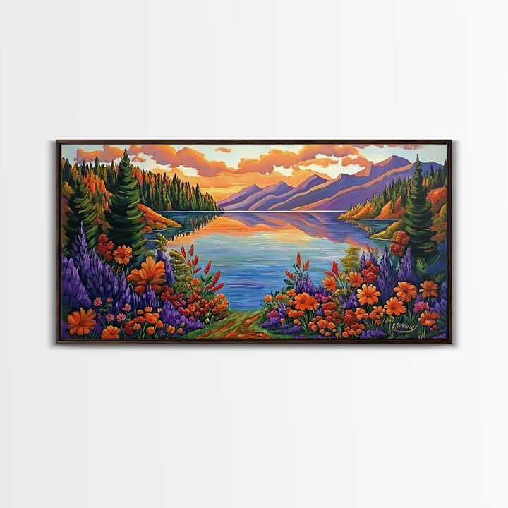 Mountain Lake, Sunset Reflection, Wildflower Meadow, Canvas Print, Vibrant Nature Art, Living Room or Cabin Wall Decor