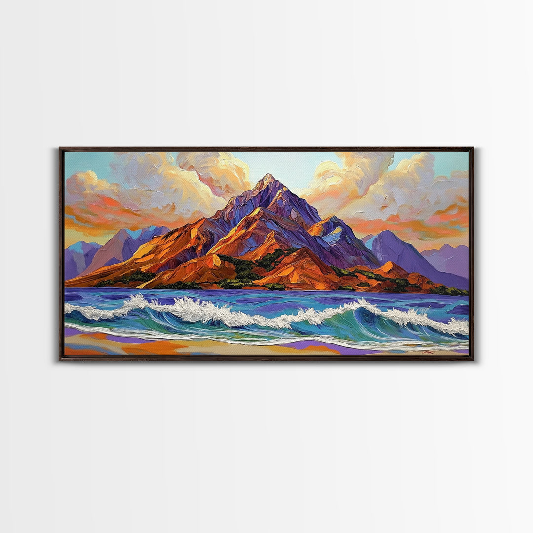 Ocean Peak, Island Sunrise, Vibrant Mountain, Framed Canvas Print, Bold Coastal Art, Beach House Wall Decor, Sunset Vibes