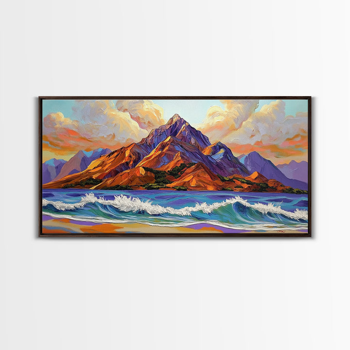 Ocean Peak, Island Sunrise, Vibrant Mountain, Framed Canvas Print, Bold Coastal Art, Beach House Wall Decor, Sunset Vibes