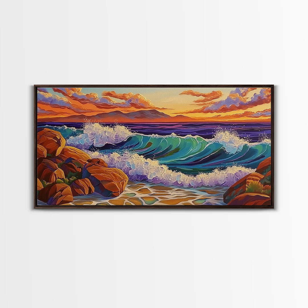 Coastal Splash, Sunset Rocks, Ocean Wave, Framed Canvas Print, Bold Nature Wall Art, Living Room Decor, Vibrant Seaside Artwork