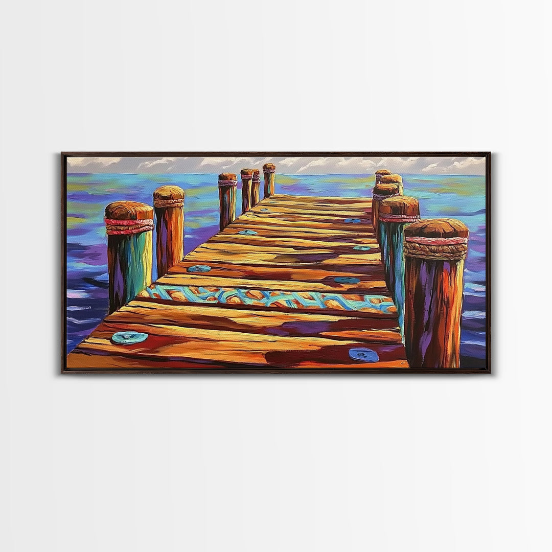 Dock View, Ocean, Coastal Path, Framed Canvas Print, Vibrant pier artwork ideal Beach House Wall Art or Nautical Entryway Decor