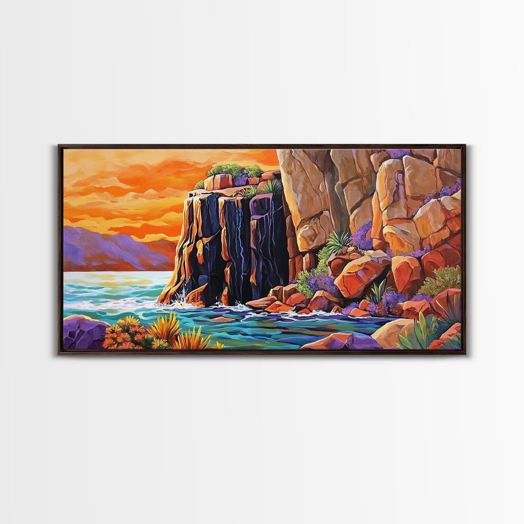 Desert Sunset, Cliffs, Nature, Framed Canvas Print, rocky cliffs and sea, Boho Living Room Wall Art, colorful sunset art, coastal vibes