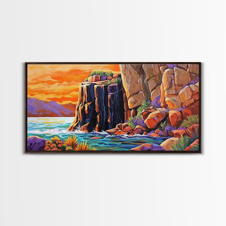 Desert Sunset, Cliffs, Nature, Framed Canvas Print, rocky cliffs and sea, Boho Living Room Wall Art, colorful sunset art, coastal vibes