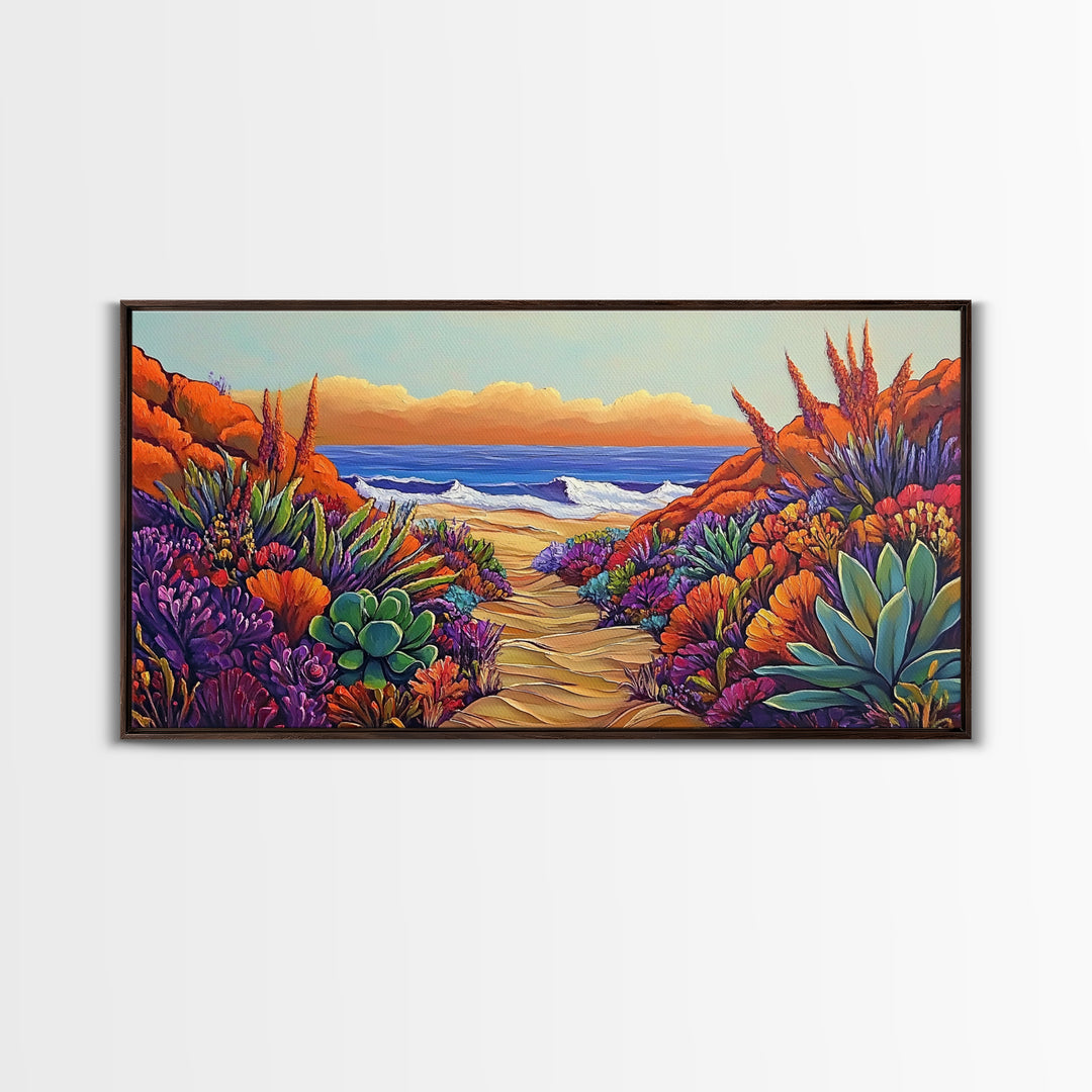 Beach Trail, Succulents, Ocean Path, Framed Canvas Print, Vibrant desert-to-ocean painting perfect Kitchen Wall Art or Boho Coastal Decor