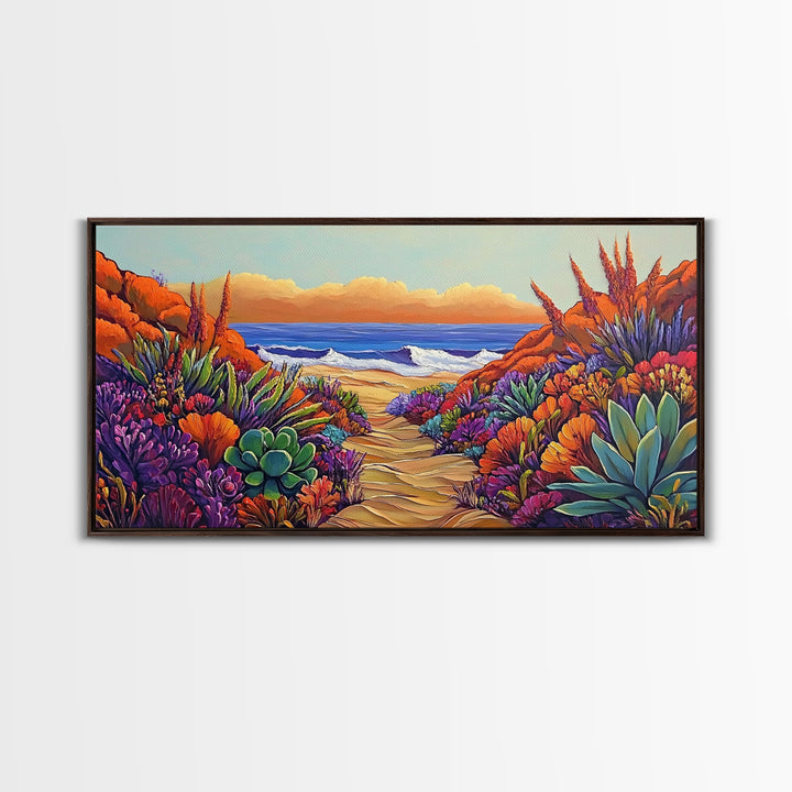 Beach Trail, Succulents, Ocean Path, Framed Canvas Print, Vibrant desert-to-ocean painting perfect Kitchen Wall Art or Boho Coastal Decor