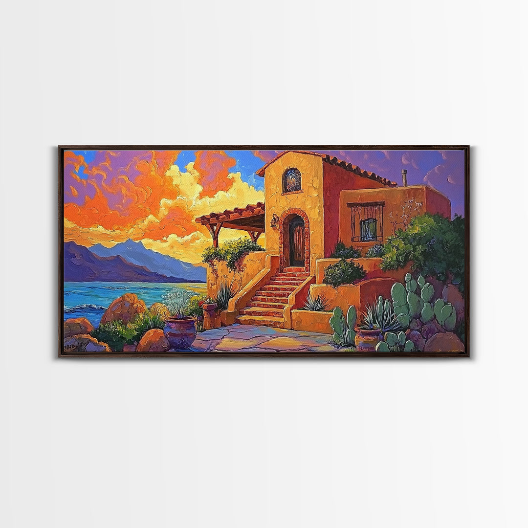 Desert Adobe, Sunset, Southwest, Framed Canvas Print, southwestern home art, rustic decor, living room wall art, fall adobe style