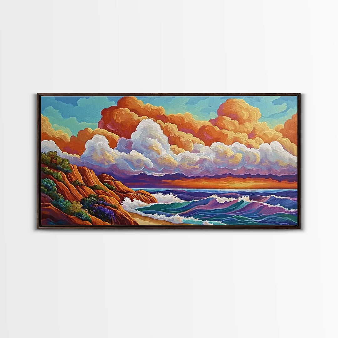 Clouds Ocean, Sunset, Dreamy, Framed Canvas Print, whimsical seascape, vibrant wave art, living room decor, beach wall art