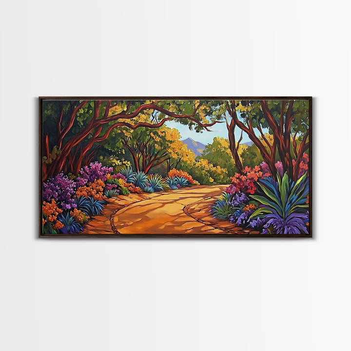 Nature Pathway, Garden, Trees, Framed Canvas Print, vibrant forest trail art, spring botanical decor, living room boho landscape