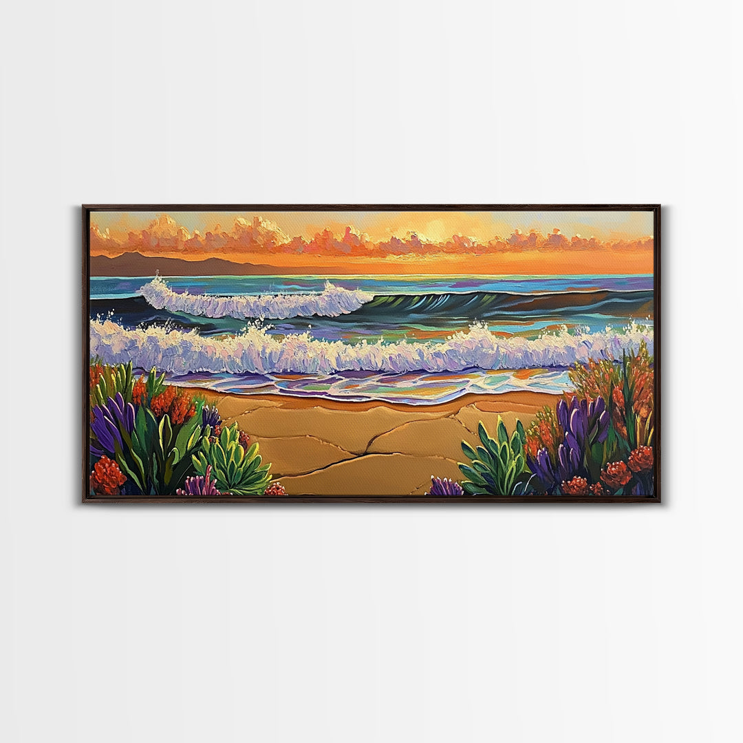 Ocean Sunset, Waves, Coastal, Canvas Print, ocean waves at sunset, Coastal Wall Art, vibrant seascape decor, beach house art