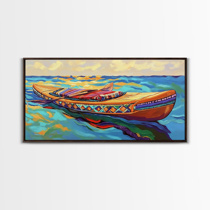 Canoe Water, Colorful, Tribal, Canvas Print, boho kayak art, nautical decor, beach house wall art, rustic folk painting, summer vibe