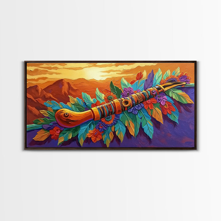 Native Flute, Flowers, Sunset, Framed Canvas Print, Spiritual Native American flute art with flowers and mountains, Boho Wall Art