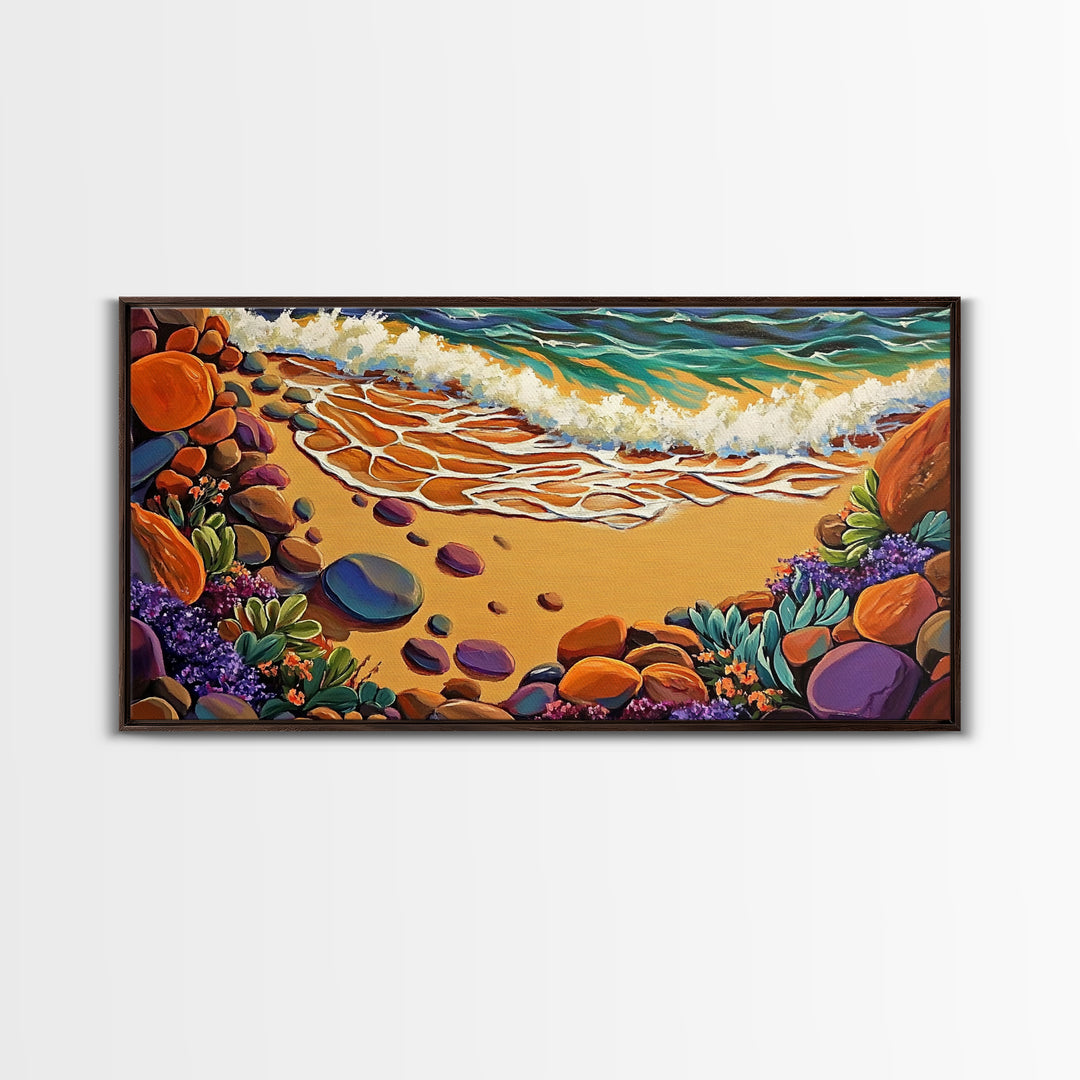 Coastal Shoreline, Footprints, Framed Canvas Print, Coastal beach waves and footprints art with colorful rocks, Bathroom Wall Art