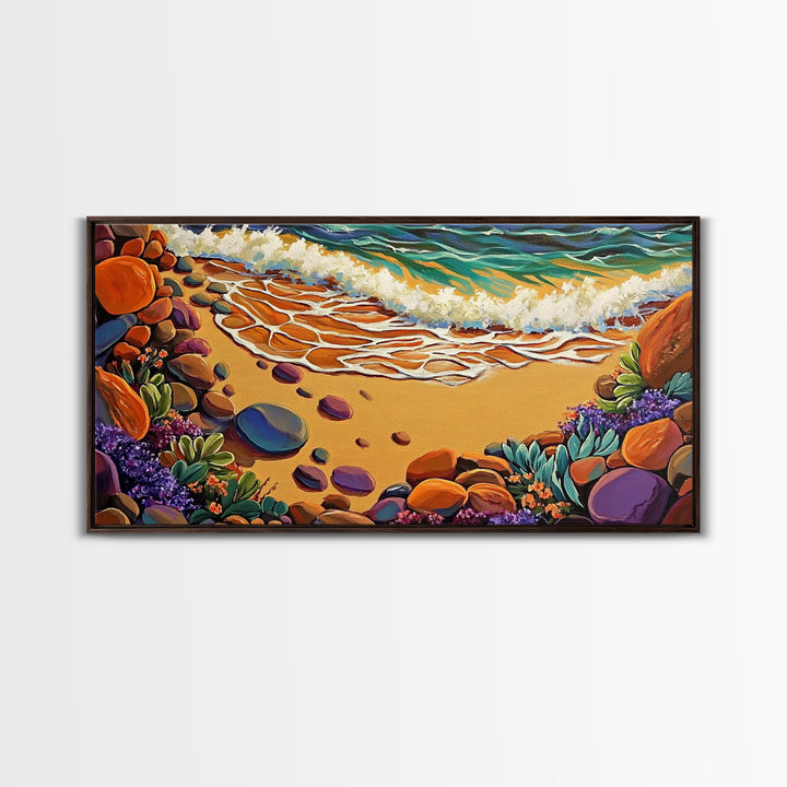 Coastal Shoreline, Footprints, Framed Canvas Print, Coastal beach waves and footprints art with colorful rocks, Bathroom Wall Art