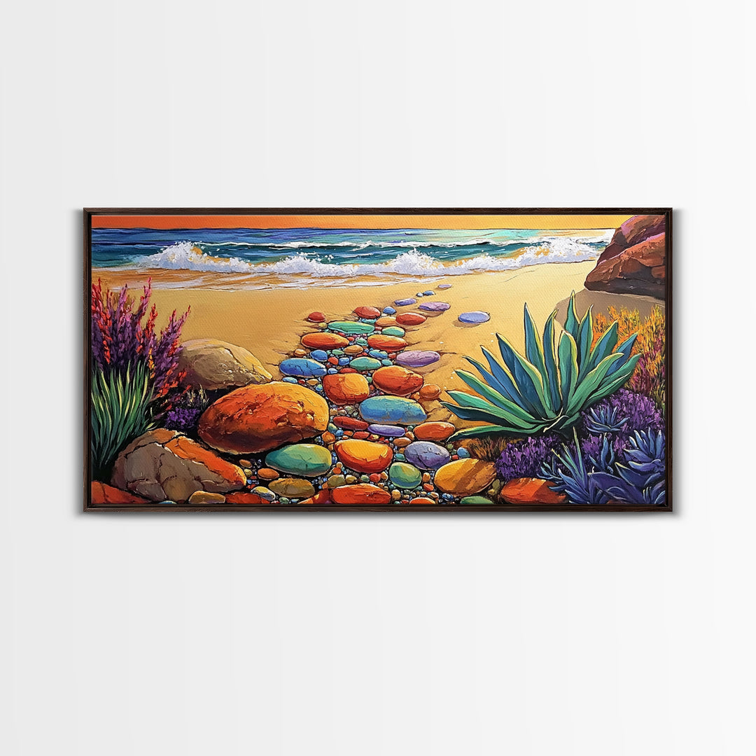 Beach Path, Ocean, Sunset, Canvas Print, Colorful beach path with stones and ocean waves, vibrant coastal Living Room Wall Art