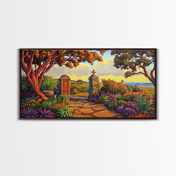 Cross Memorial, Sunset, Framed Canvas Print, Peaceful Autumn scene with cross and mountain view, ideal Fall Living Room Wall Art