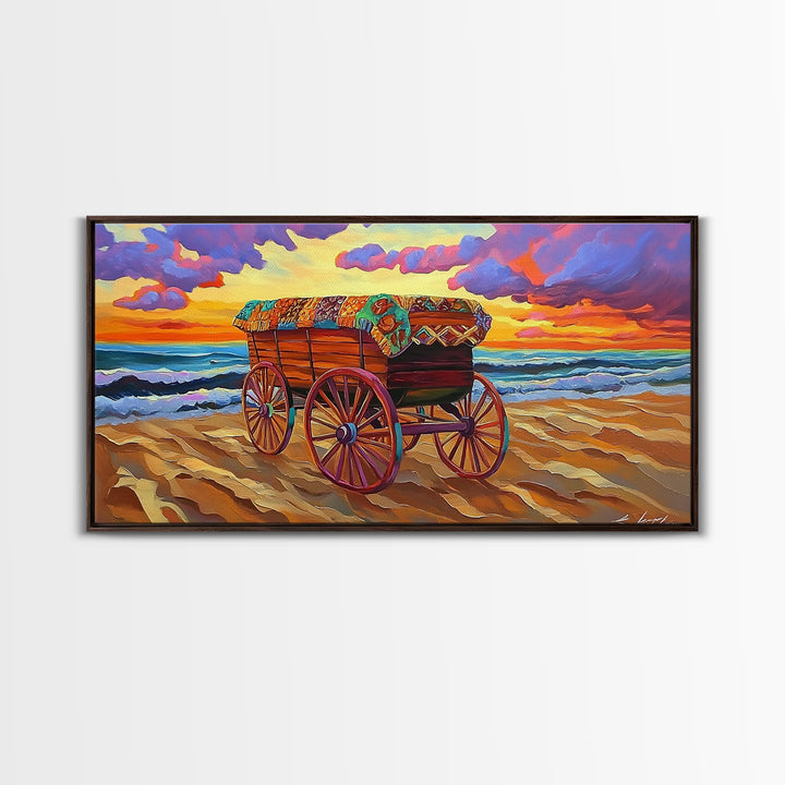 Beach Wagon, Sunset, Decor, Framed Canvas Print western wall art, desert decor, living room boho art, rustic coastal art, beach house