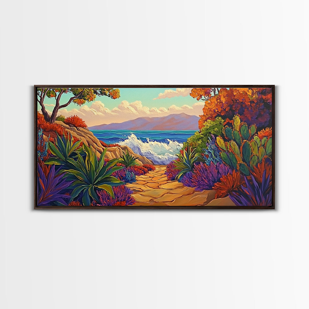 Ocean Path, Sunset, Nature, Canvas Print vibrant coastal wall art, autumn cactus decor, tropical landscape painting, entryway art