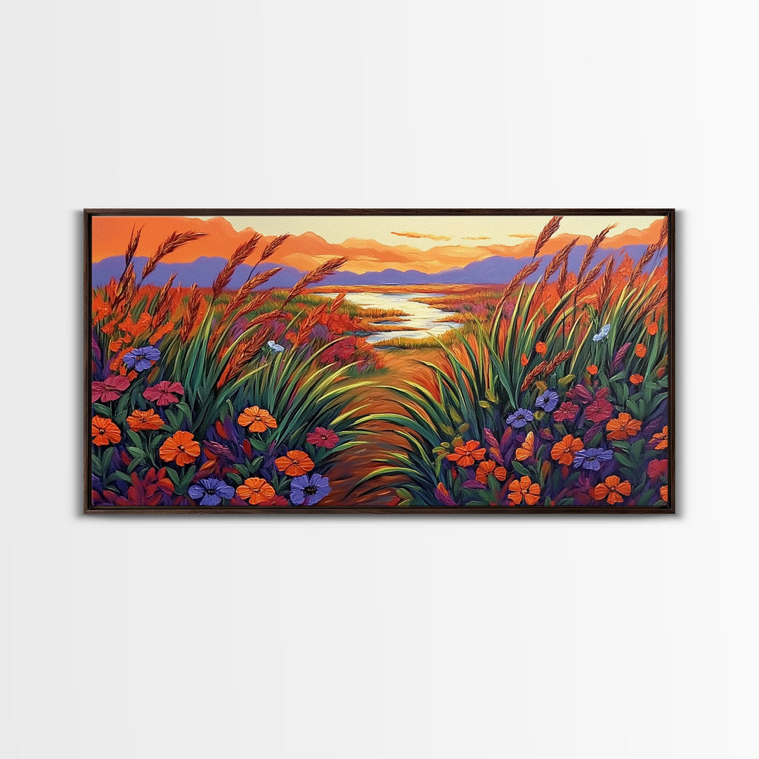 Wildflowers, River, Mountains, Autumn, Canvas Print fall floral decor, rustic meadow art, nature landscape painting, country living room