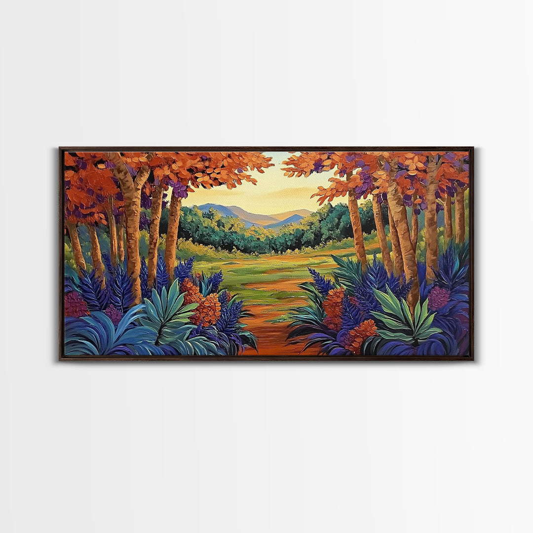 Forest Fall, Colorful, Leaves, Framed Canvas Print bold woodland foliage design, vibrant autumn landscape art, hallway wall accent