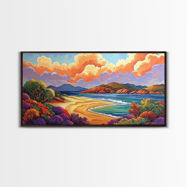 Beach Clouds, Coastal, Pastel, Framed Canvas Print soft tropical seascape painting, ocean view boho art, serene living room print