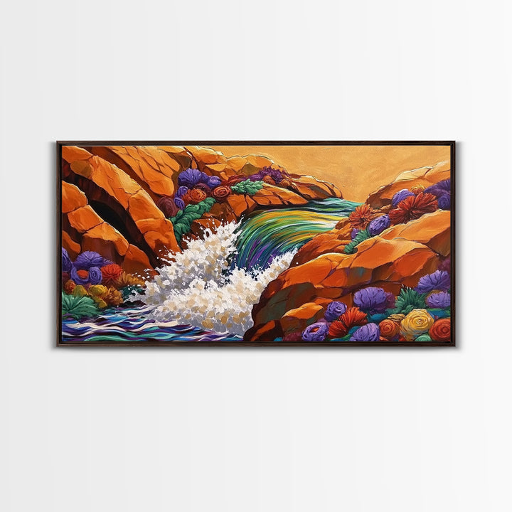 Waterfall Rocks, Flowers, Canvas Print, Colorful Nature Wall Art, Boho Earthy Decor, Vibrant Living Room Accent, Abstract Landscape Art