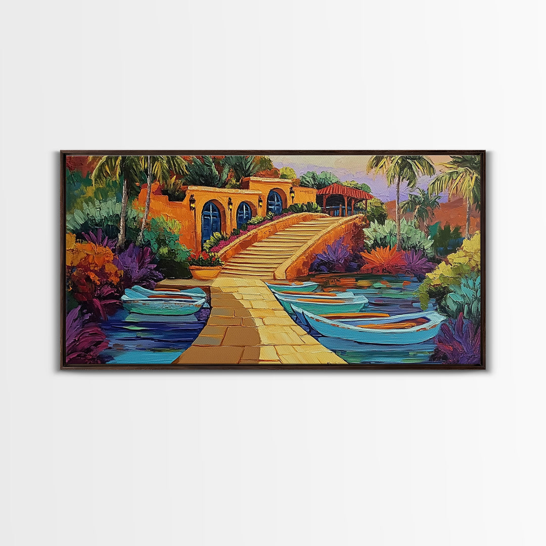 Tropical Boats, Colorful, Lagoon, Canvas Print, boats docked at tropical villa, Living Room Wall Art, vibrant coastal art, boho décor