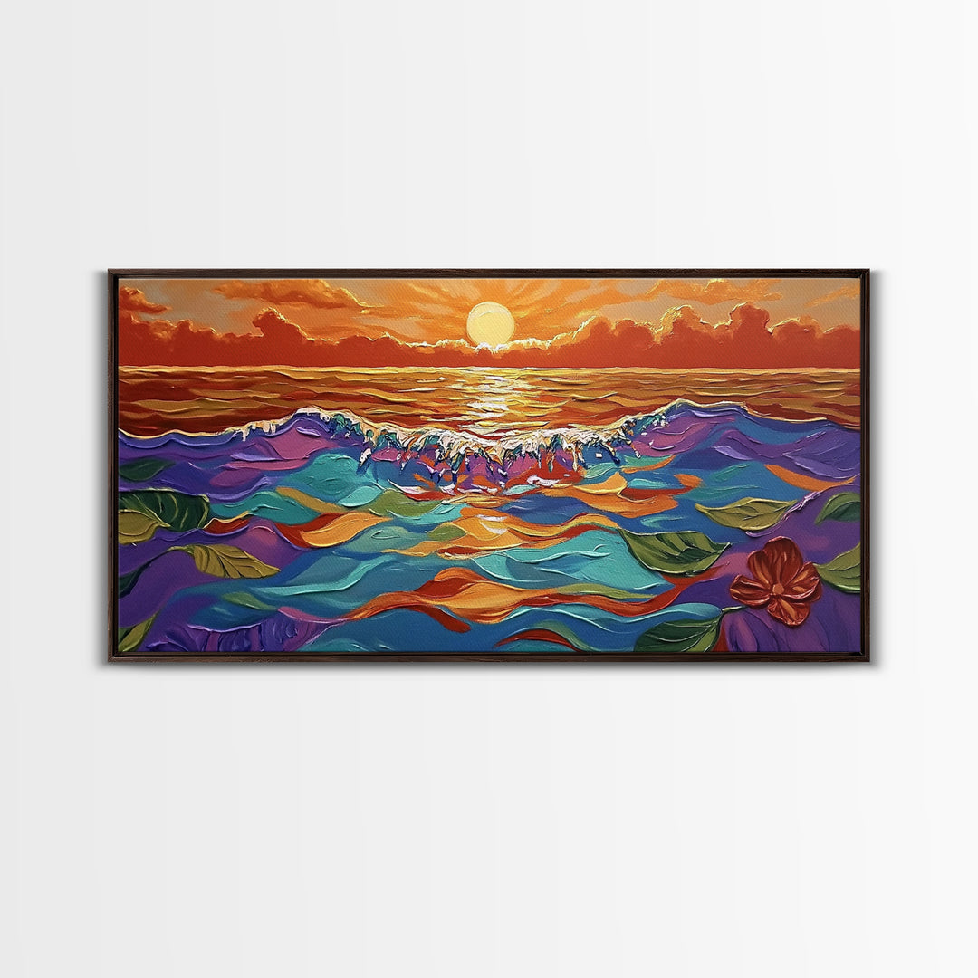 Ocean Sunset, Petals, Framed Canvas Print, Beachy Living Room Decor, Vibrant Seascape Art, Tropical Floral Painting, Boho Home Accent