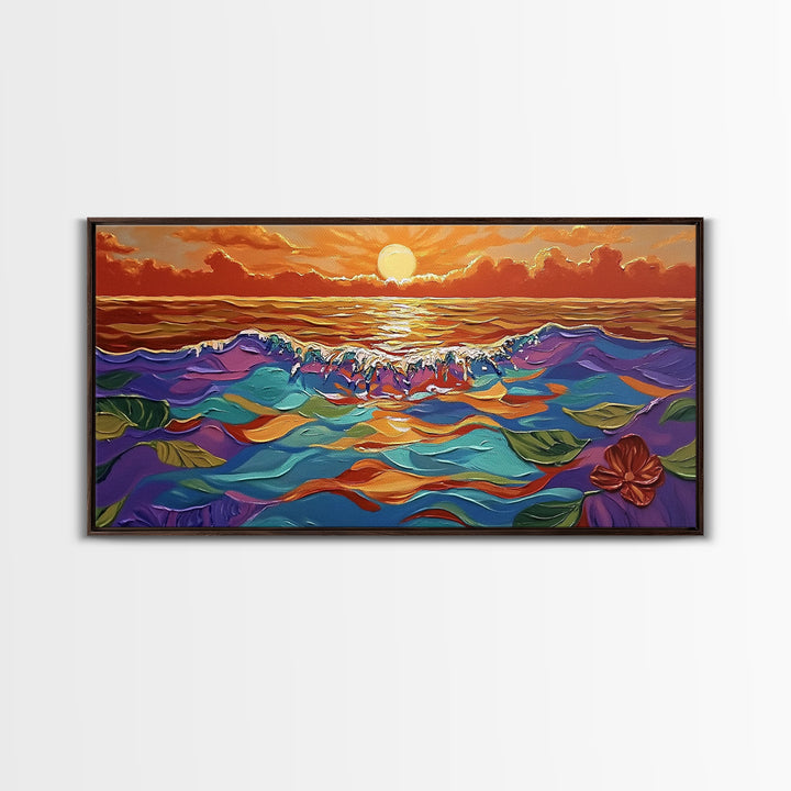 Ocean Sunset, Petals, Framed Canvas Print, Beachy Living Room Decor, Vibrant Seascape Art, Tropical Floral Painting, Boho Home Accent
