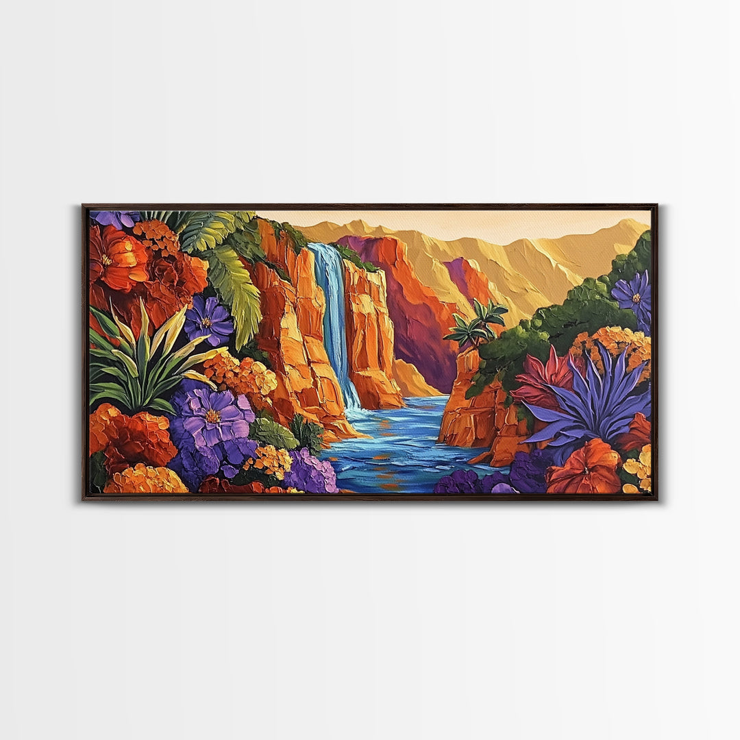 Canyon Waterfall, Desert Bloom, Sunset Rocks, Framed Canvas Print, Nature Landscape Wall Art, Boho Bedroom or Office Decor