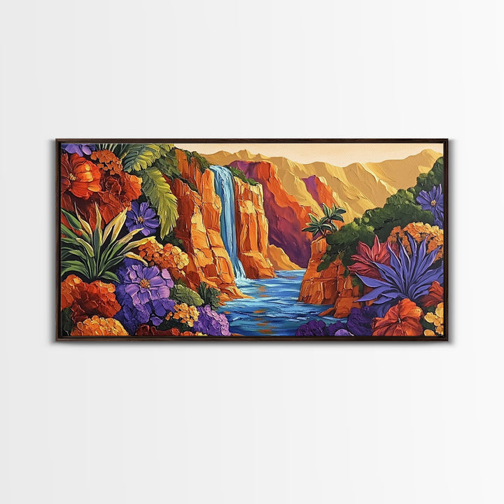 Canyon Waterfall, Desert Bloom, Sunset Rocks, Framed Canvas Print, Nature Landscape Wall Art, Boho Bedroom or Office Decor