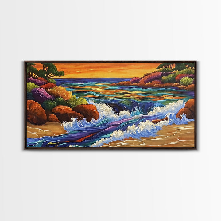 Coastal Stream, Sunset Shore, Nature Escape, Canvas Print, Tropical Landscape Wall Art, Vibrant Living Room or Office Decor
