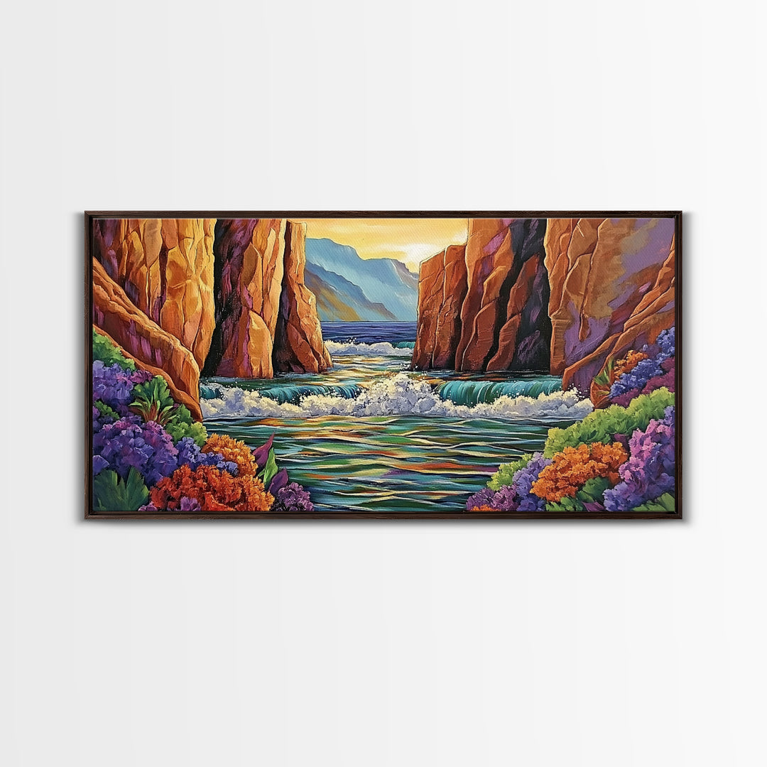 Canyon Cliffs, Ocean View, Sunset Water, Framed Canvas Print, Vibrant Landscape Wall Art, Office or Entryway Nature Decor