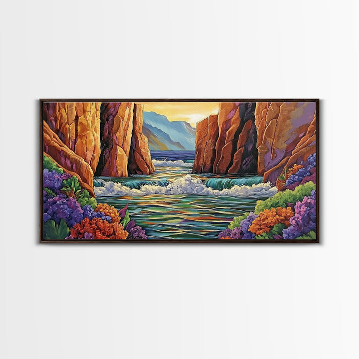 Canyon Cliffs, Ocean View, Sunset Water, Framed Canvas Print, Vibrant Landscape Wall Art, Office or Entryway Nature Decor
